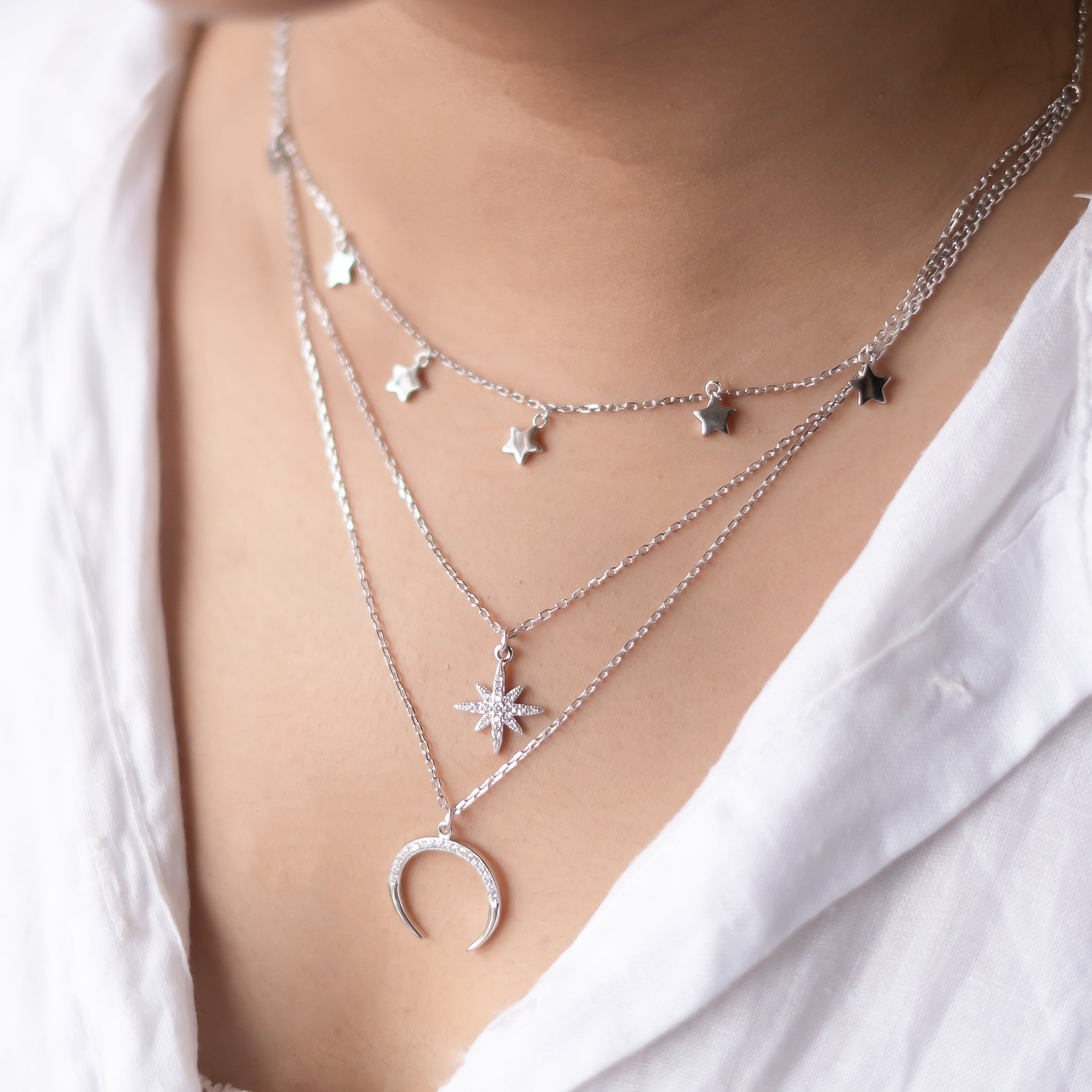 Silver Starry Moon Triple Layer Necklace