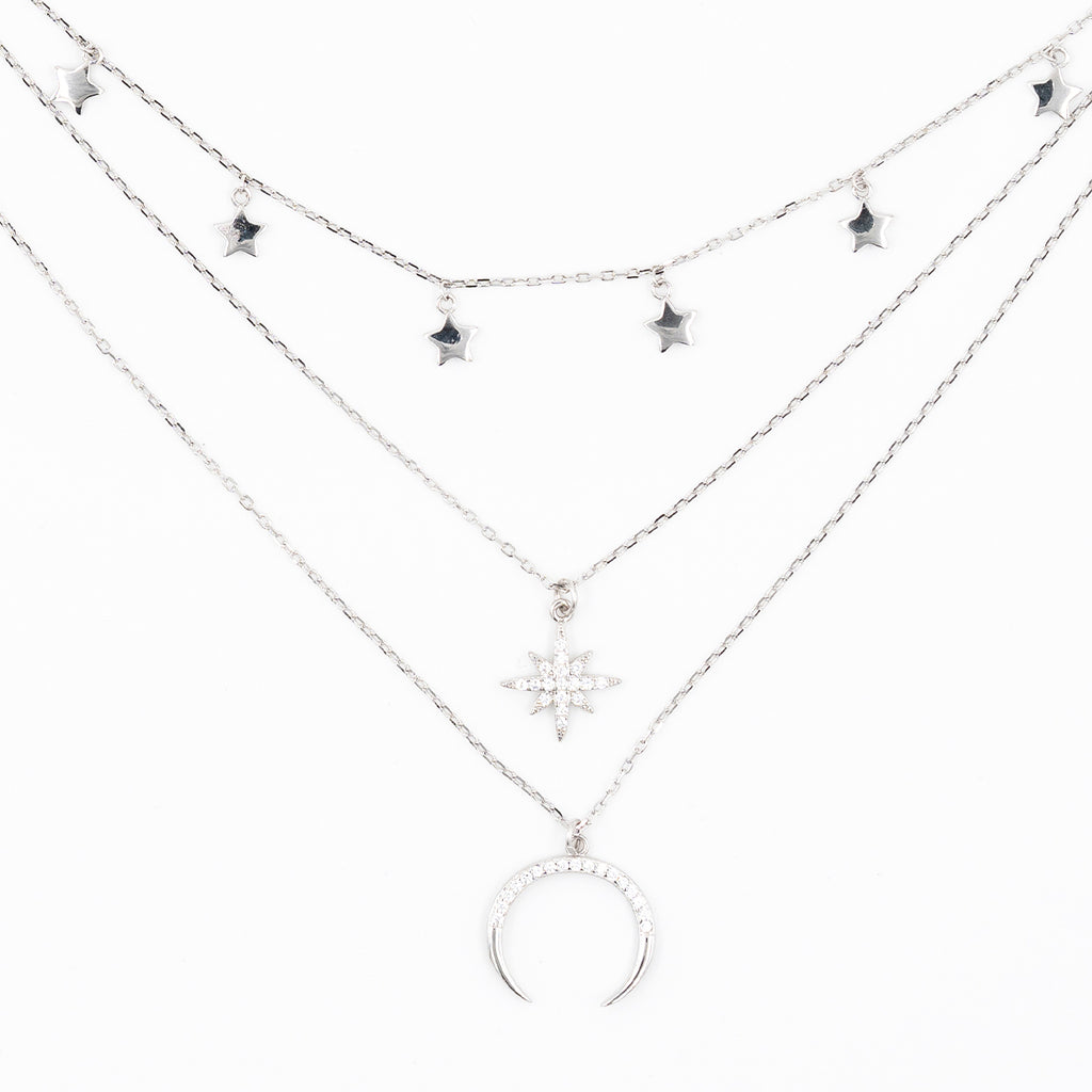 Silver Starry Moon Triple Layer Necklace