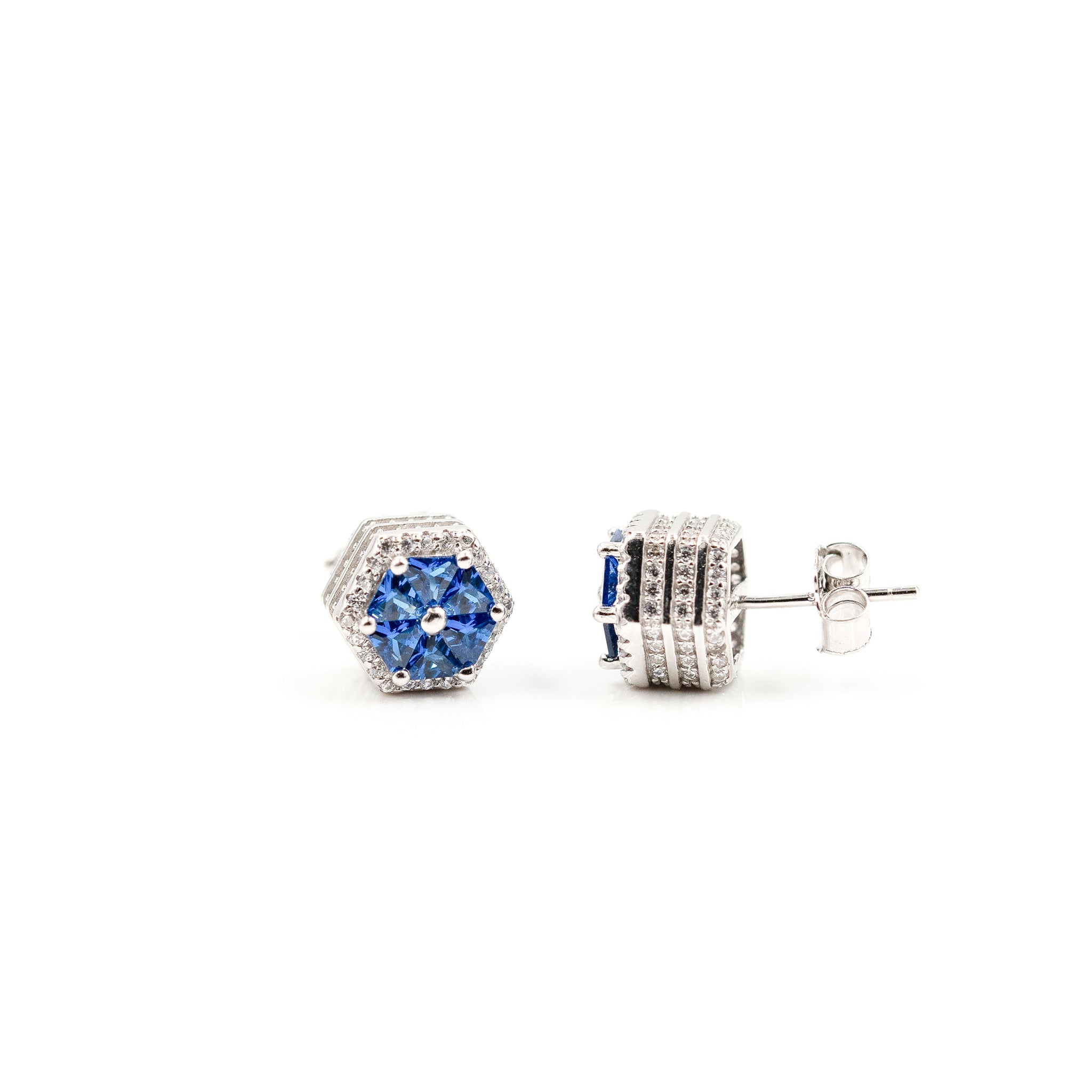 Silver Blue Crystal Hex Earrings