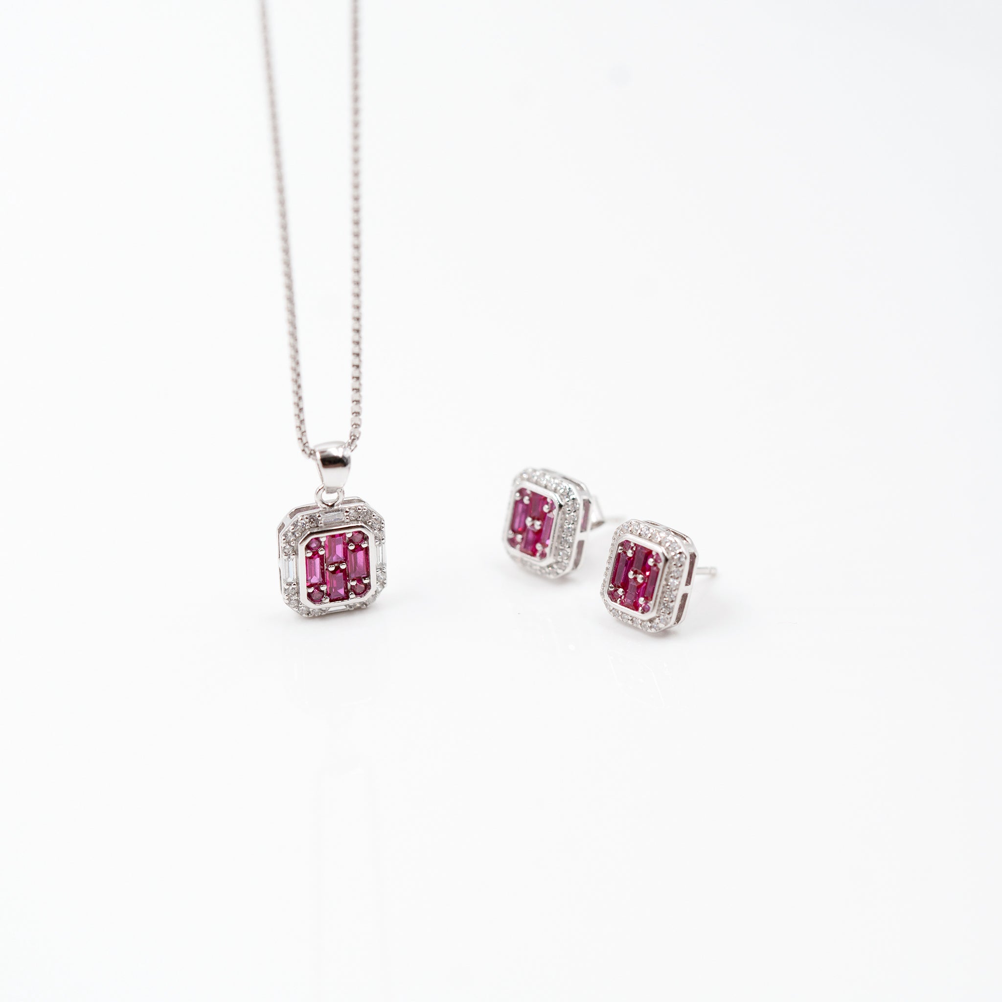 Silver Dark Pink Choki Square Jewelry Set