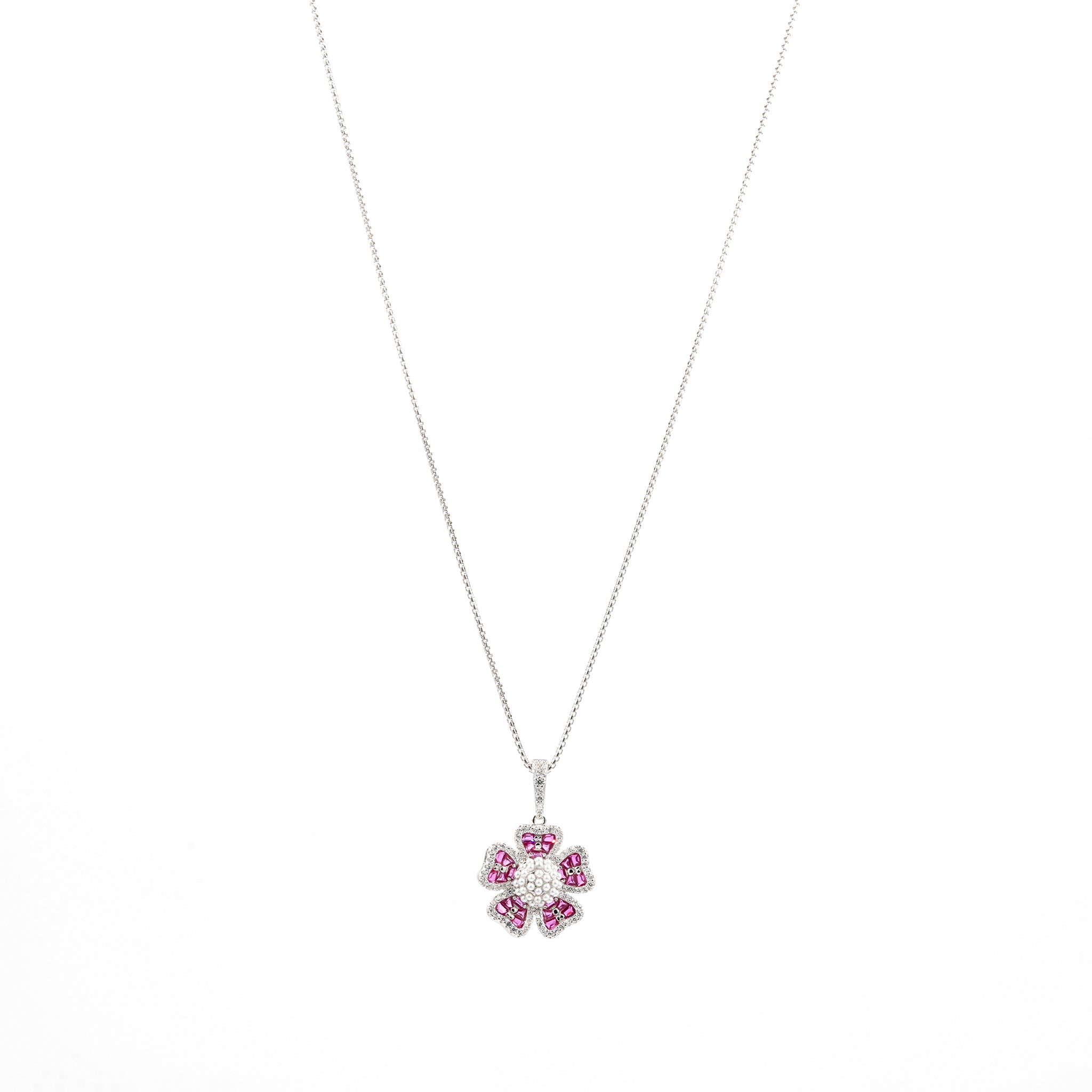 Silver Dark Pink Grand Floral Pearl Pendant Dark Jewelry Set