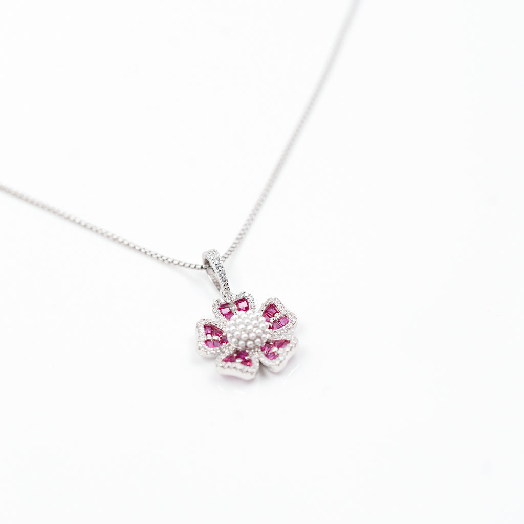 Silver Dark Pink Grand Floral Pearl Pendant Dark Jewelry Set