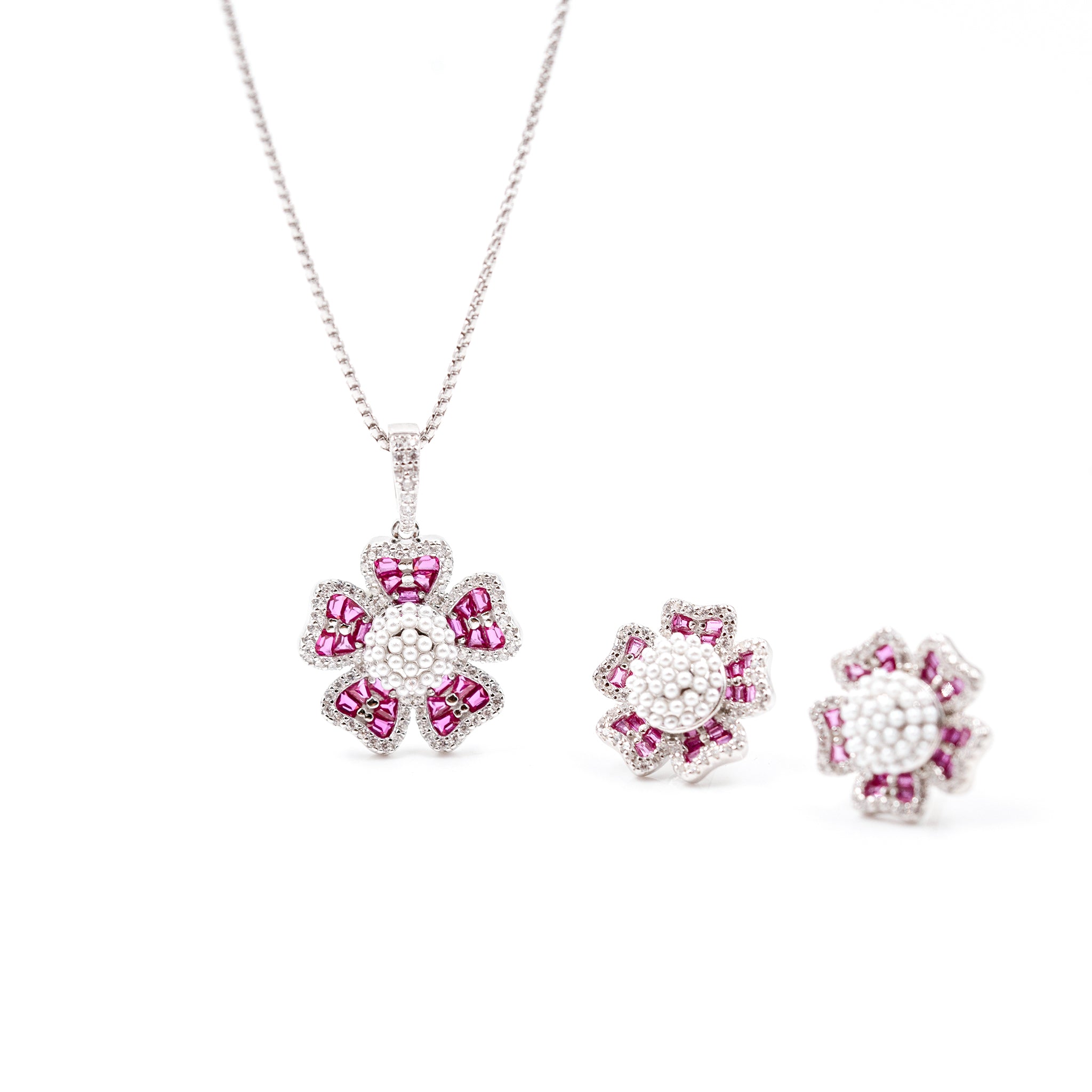 Silver Dark Pink Grand Floral Pearl Pendant Dark Jewelry Set