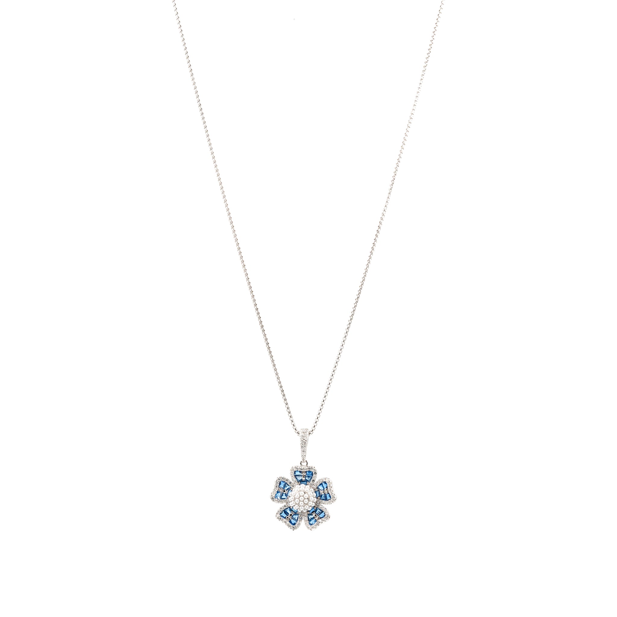 Silver Dark Blue Grand Floral Pearl Pendant Dark Jewelry Set