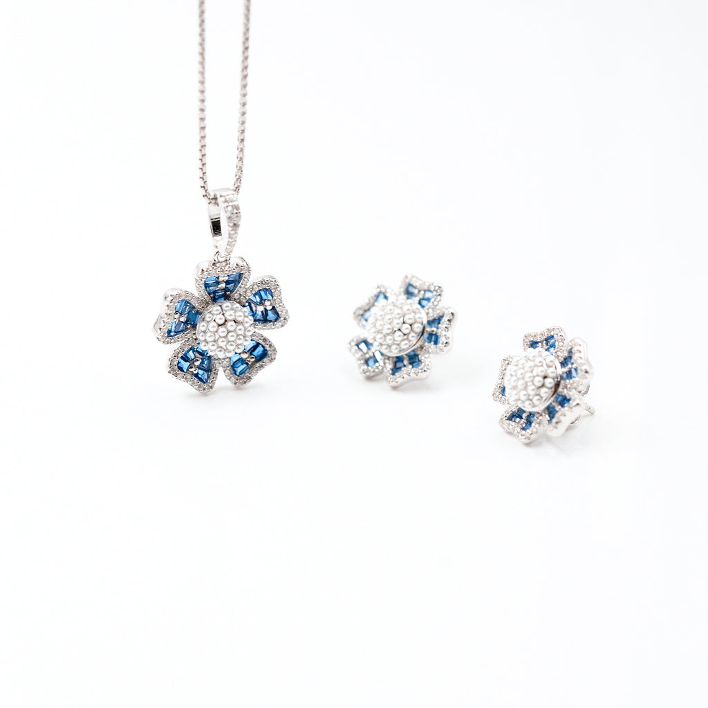 Silver Dark Blue Grand Floral Pearl Pendant Dark Jewelry Set