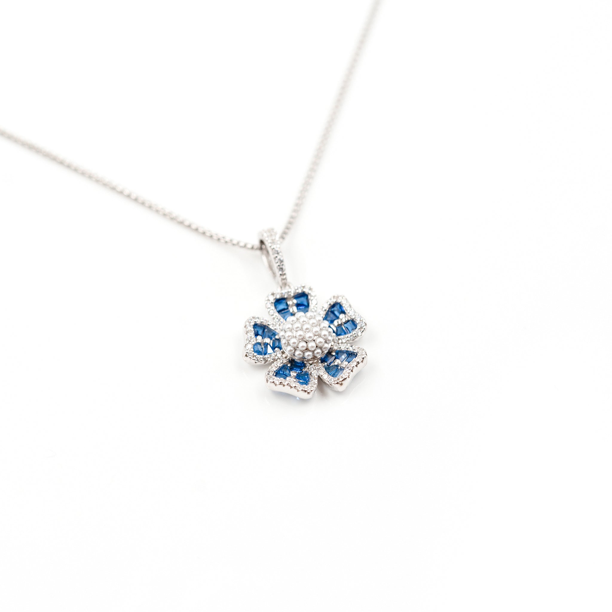 Silver Dark Blue Grand Floral Pearl Pendant Dark Jewelry Set