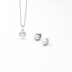 Silver Diamond Halo Pearl Pendant Jewelry Set