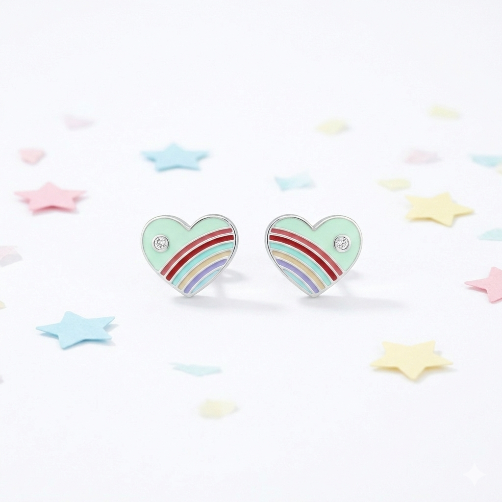 Silver Green Enamle Heart Kids Earrings
