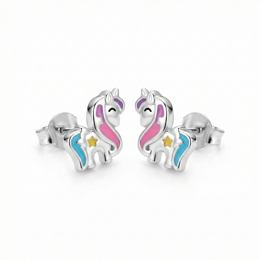 Silver Pink Blue Unicorn Kids Earrings