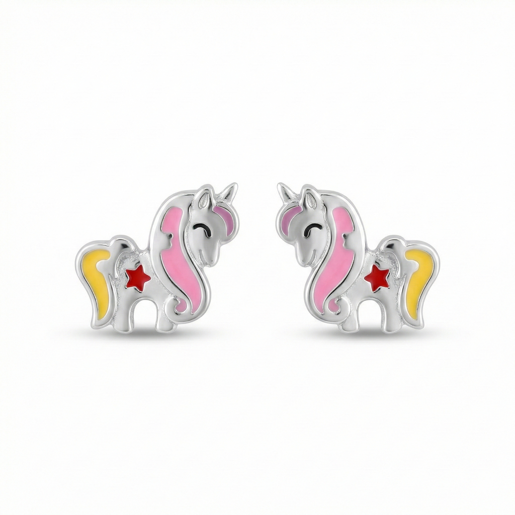 Silver Pink Yellow Unicorn Kids Earrings