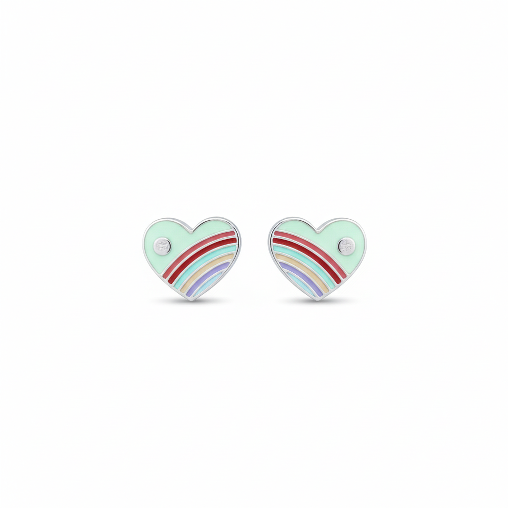 Silver Green Enamle Heart Kids Earrings