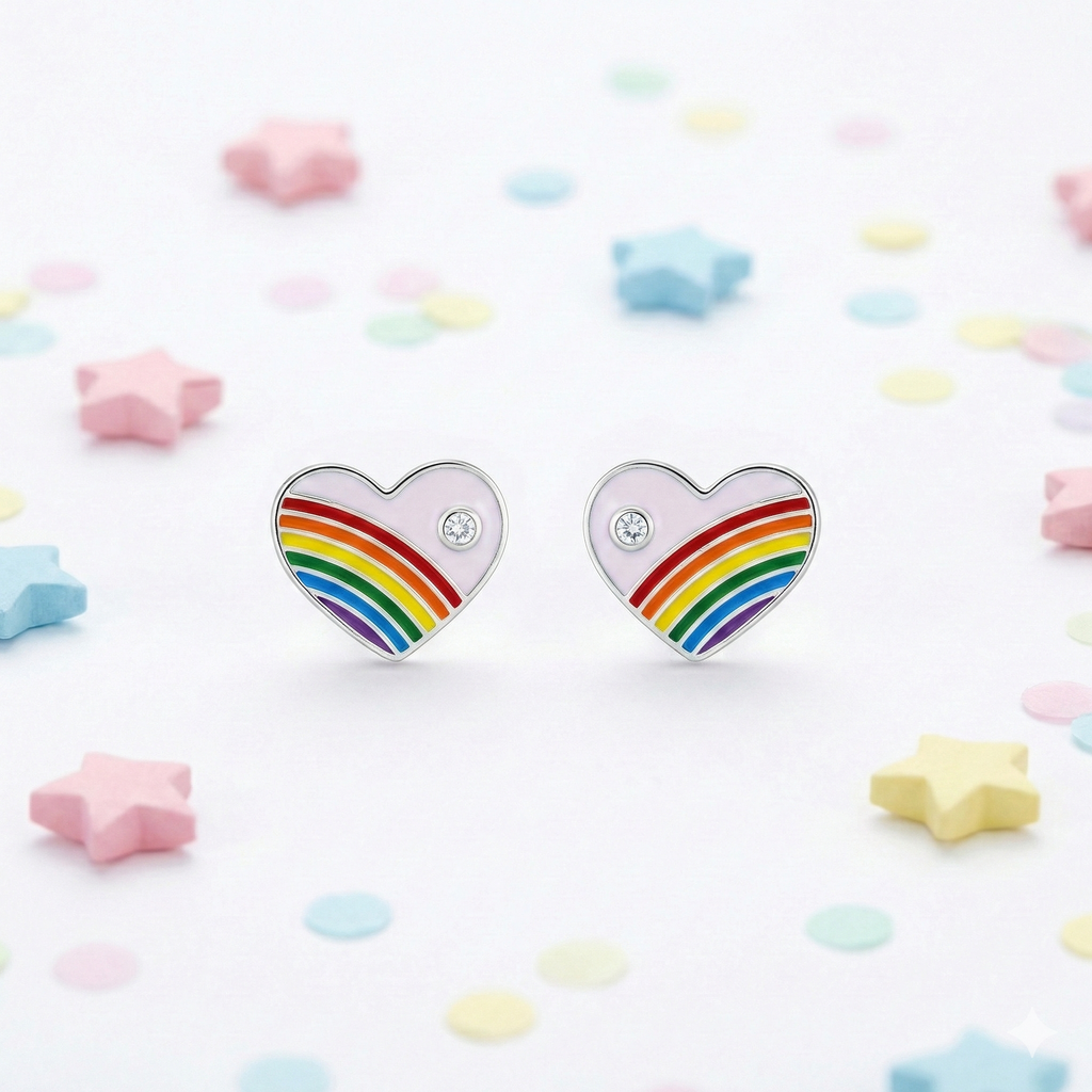 Silver Purple Enamle Heart Kids Earrings