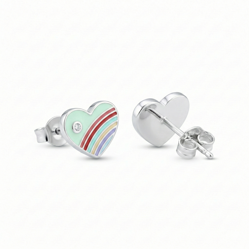 Silver Green Enamle Heart Kids Earrings