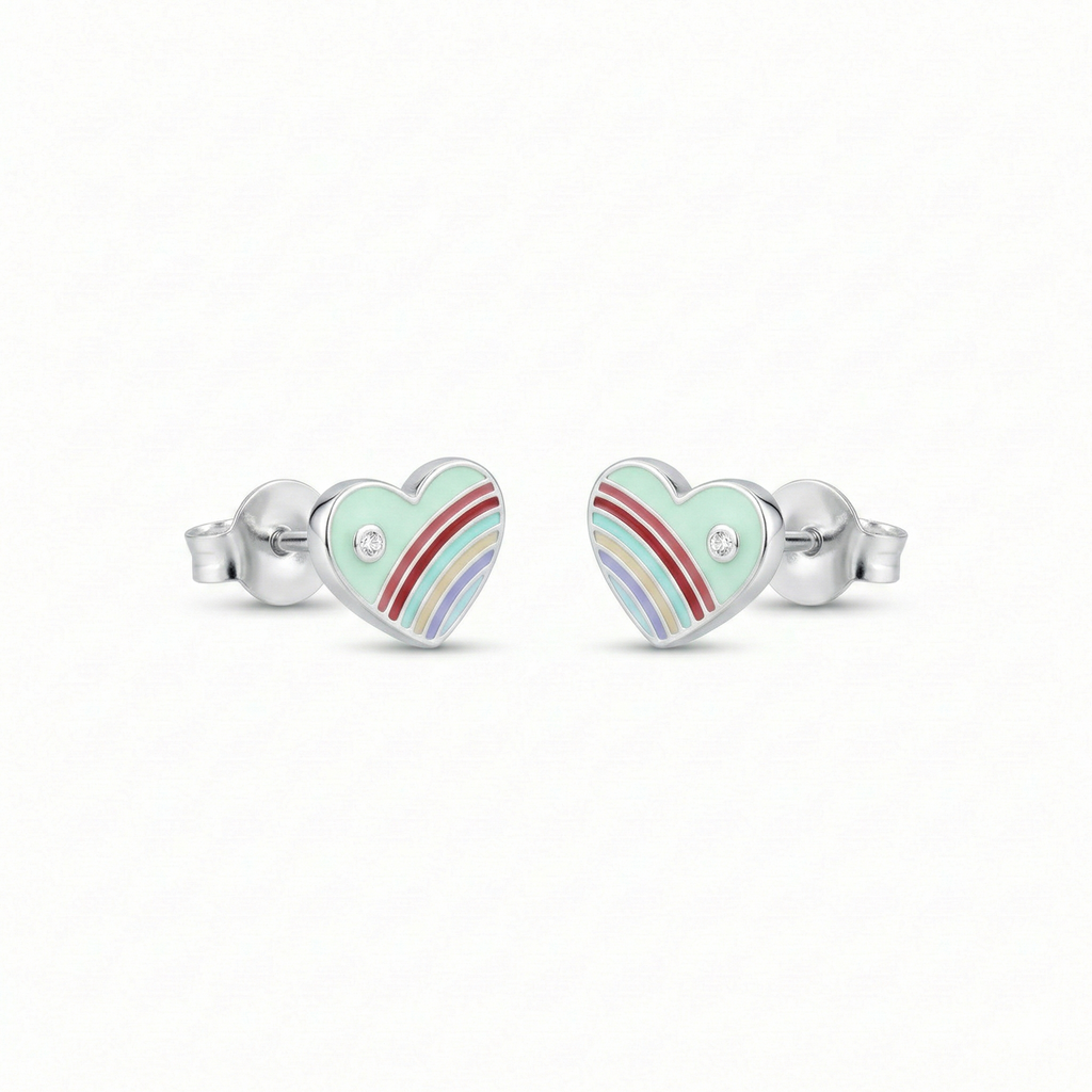Silver Green Enamle Heart Kids Earrings