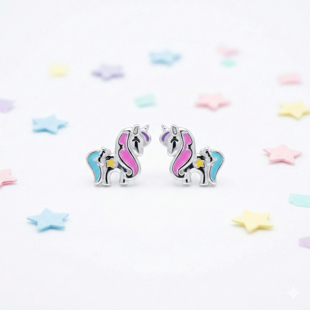 Silver Pink Blue Unicorn Kids Earrings