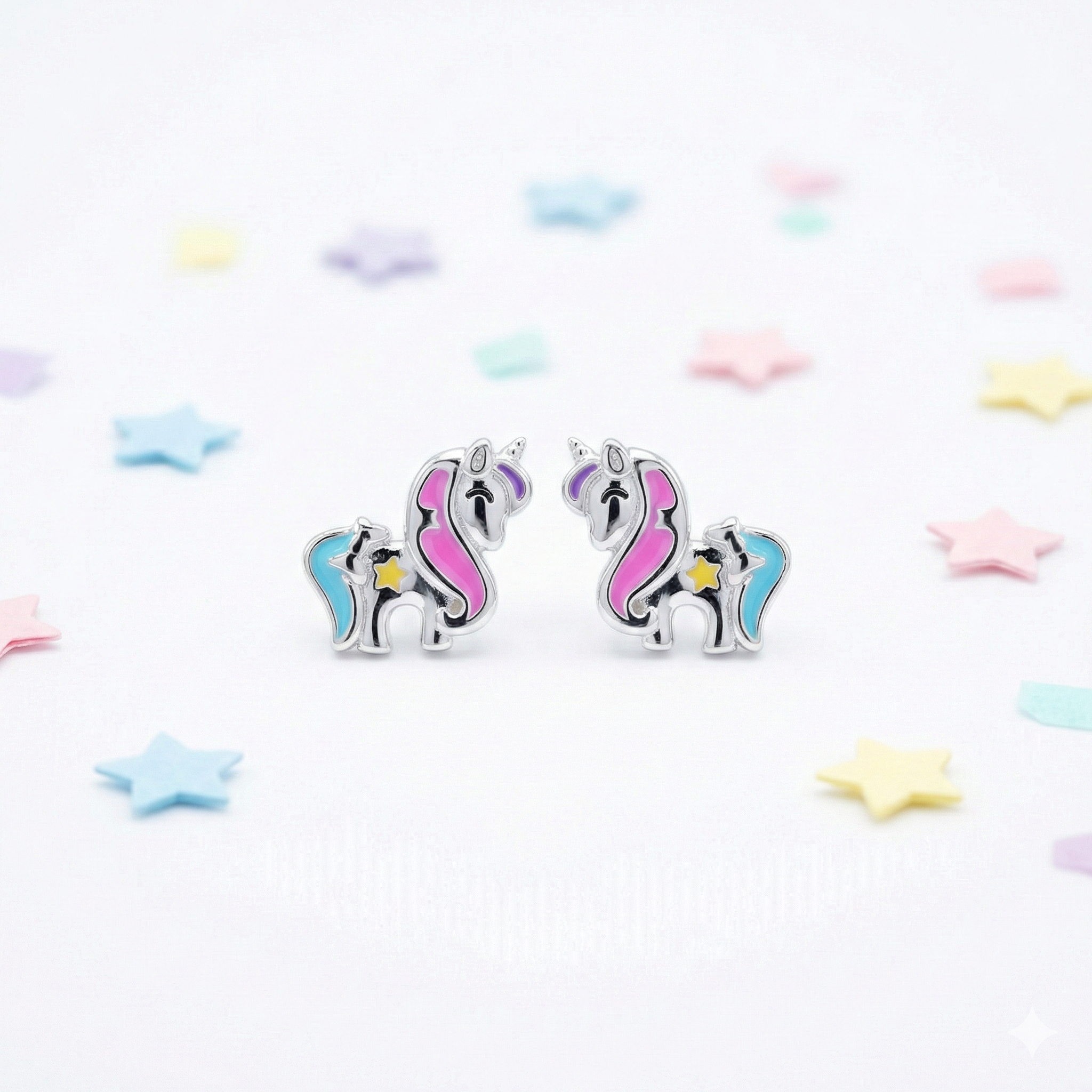 Silver Pink Blue Unicorn Kids Earrings