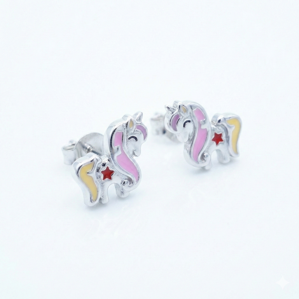 Silver Pink Yellow Unicorn Kids Earrings