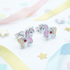 Silver Pink Yellow Unicorn Kids Earrings