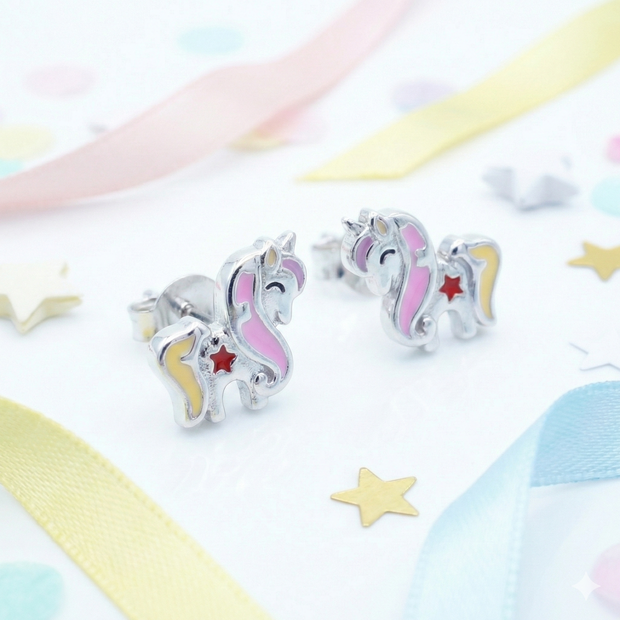 Silver Pink Yellow Unicorn Kids Earrings
