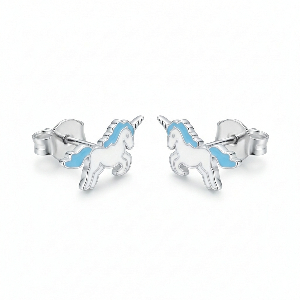 Silver Blue Unicorn Kids Earrings