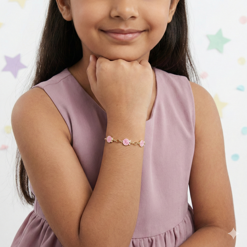 Silver Pink Enamel Kids Bracelet Gold Plated