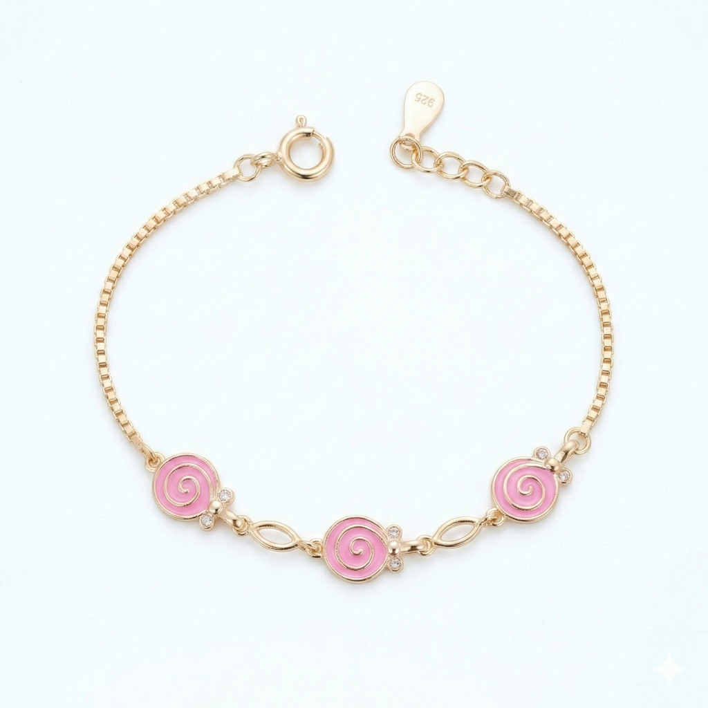 Silver Pink Enamel Kids Bracelet Gold Plated