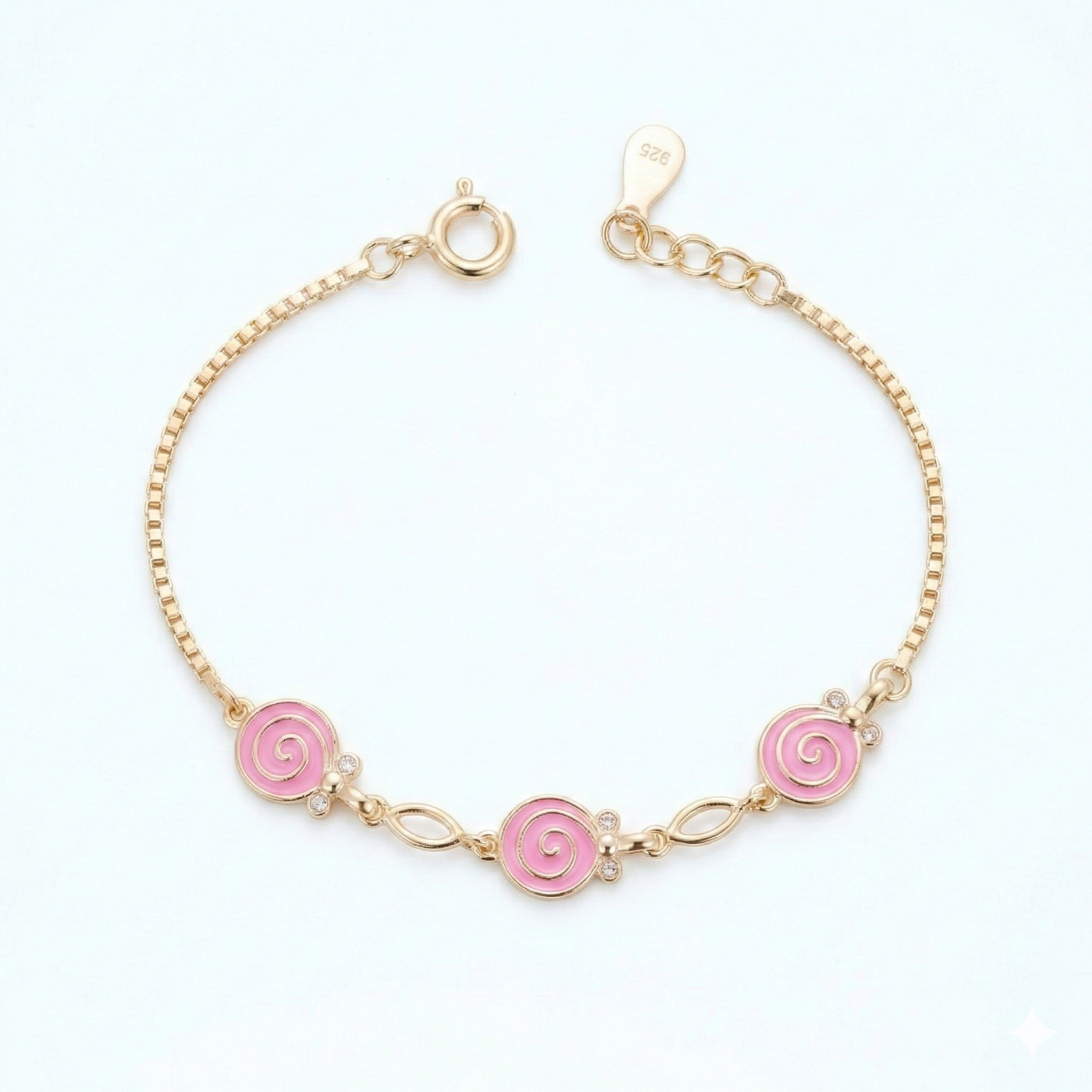 Silver Pink Enamel Kids Bracelet Gold Plated