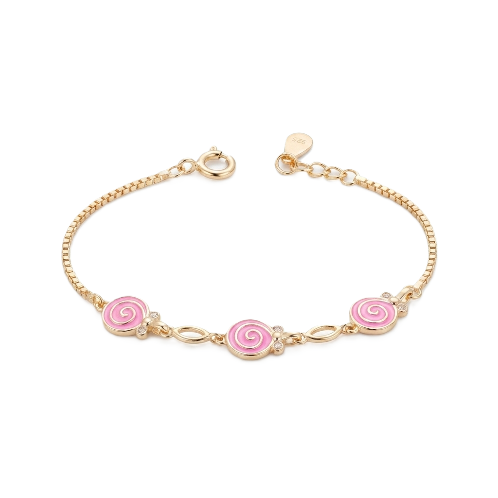 Silver Pink Enamel Kids Bracelet Gold Plated