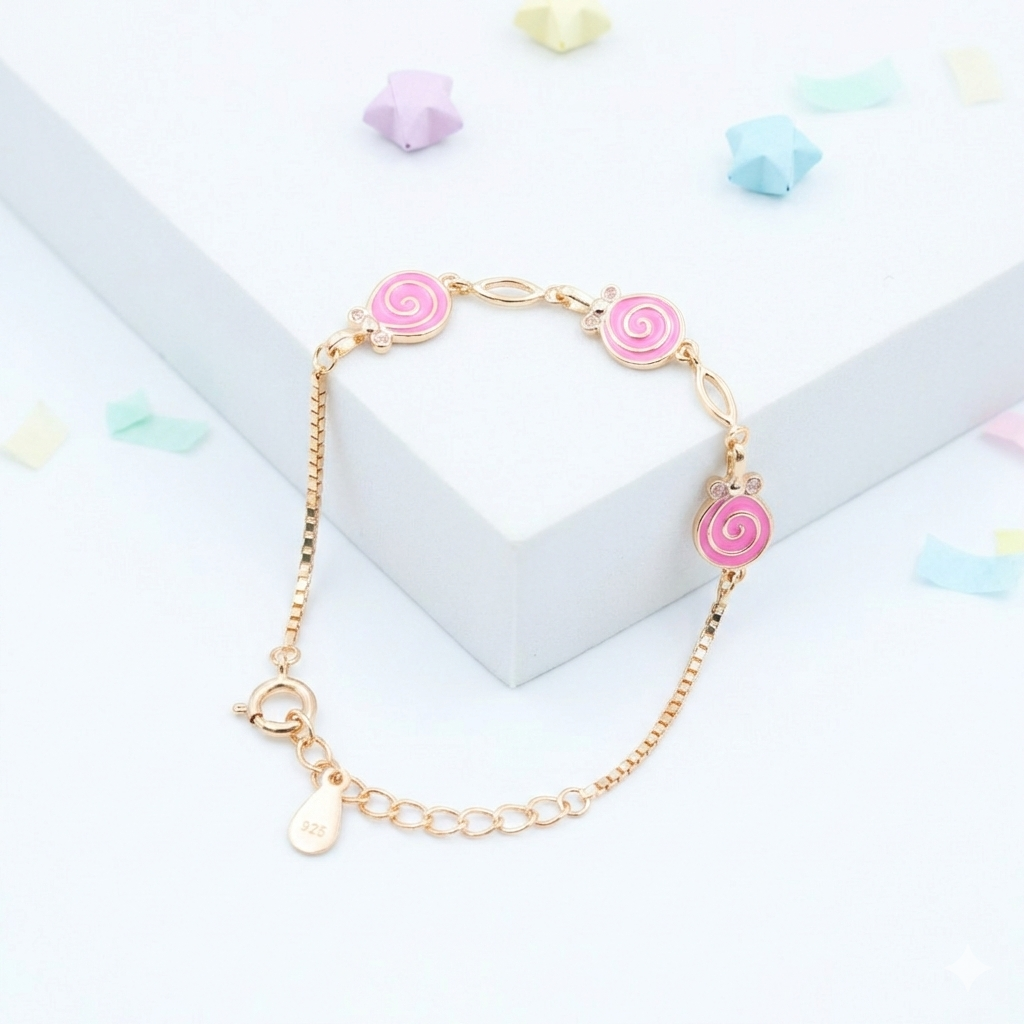 Silver Pink Enamel Kids Bracelet Gold Plated