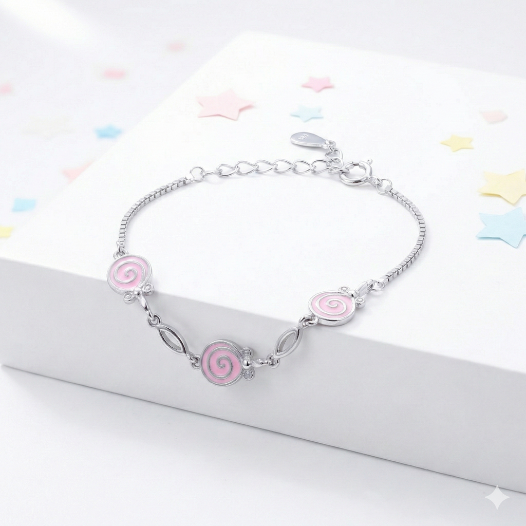 Silver Pink Enamel Kids Bracelet