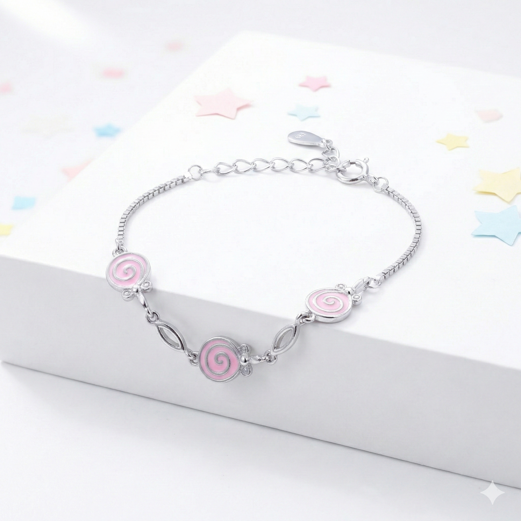 Silver Pink Enamel Kids Bracelet