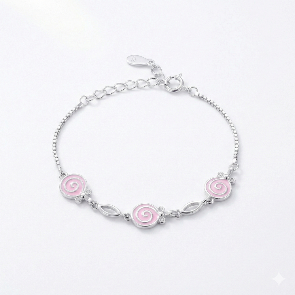 Silver Pink Enamel Kids Bracelet