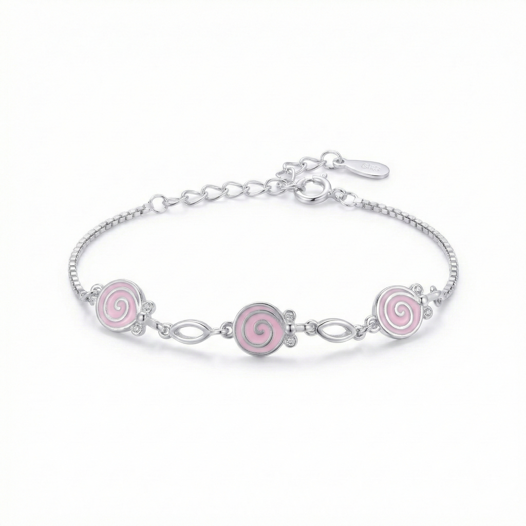 Silver Pink Enamel Kids Bracelet
