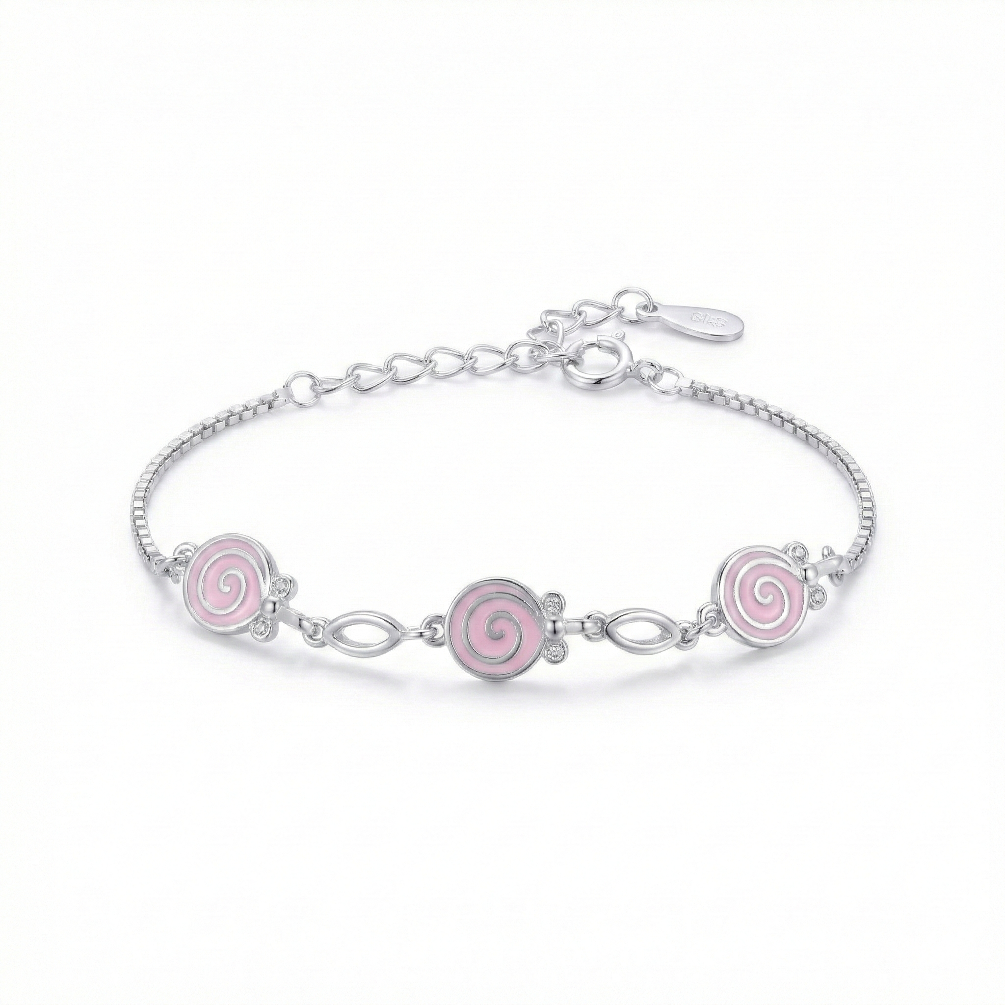 Silver Pink Enamel Kids Bracelet