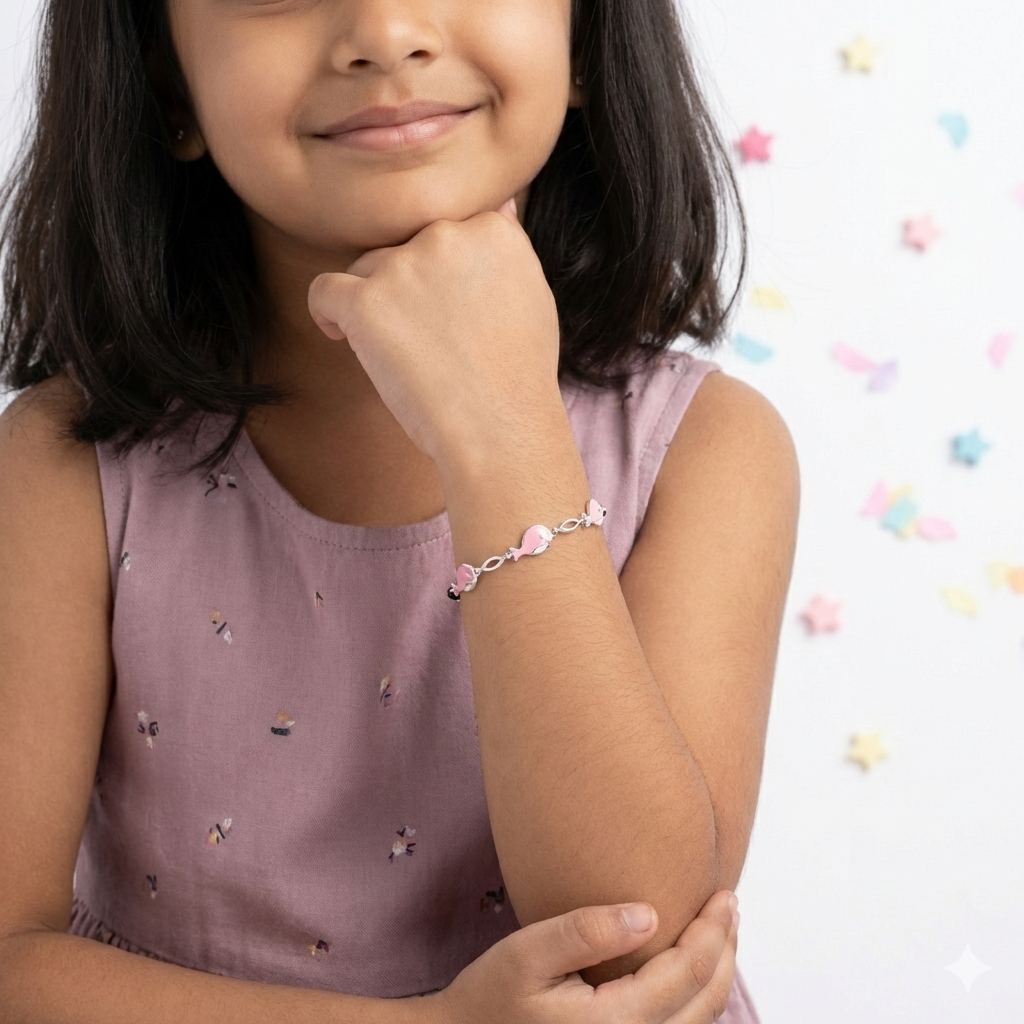 Silver Pink Dolphin Kids Bracelet