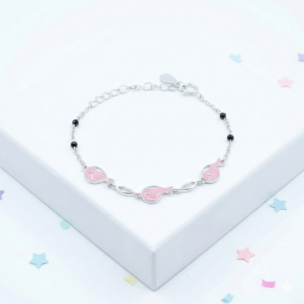 Silver Pink Dolphin Kids Bracelet