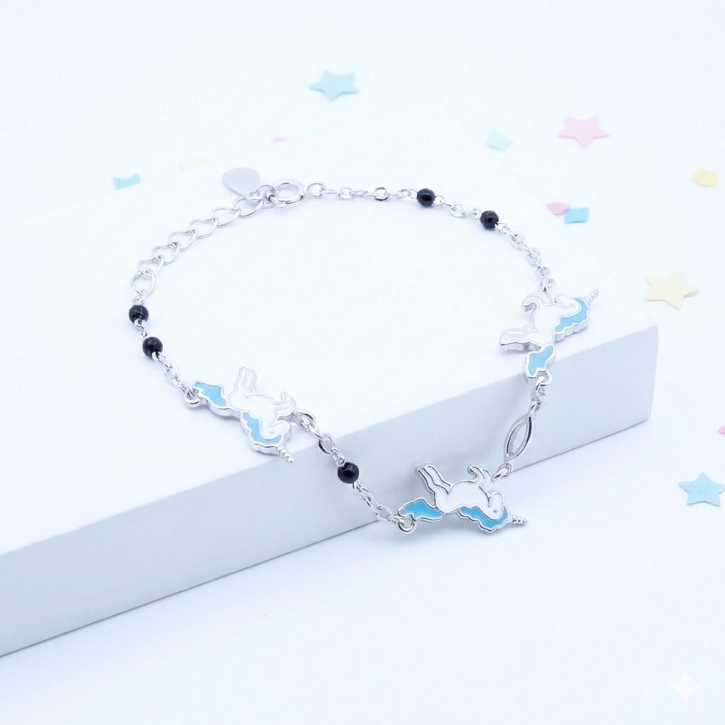 Silver Blue Unicorn Kids Bracelet