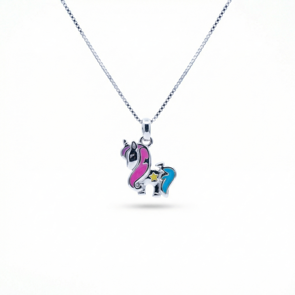 Silver Pink Blue Unicorn Kids Necklace