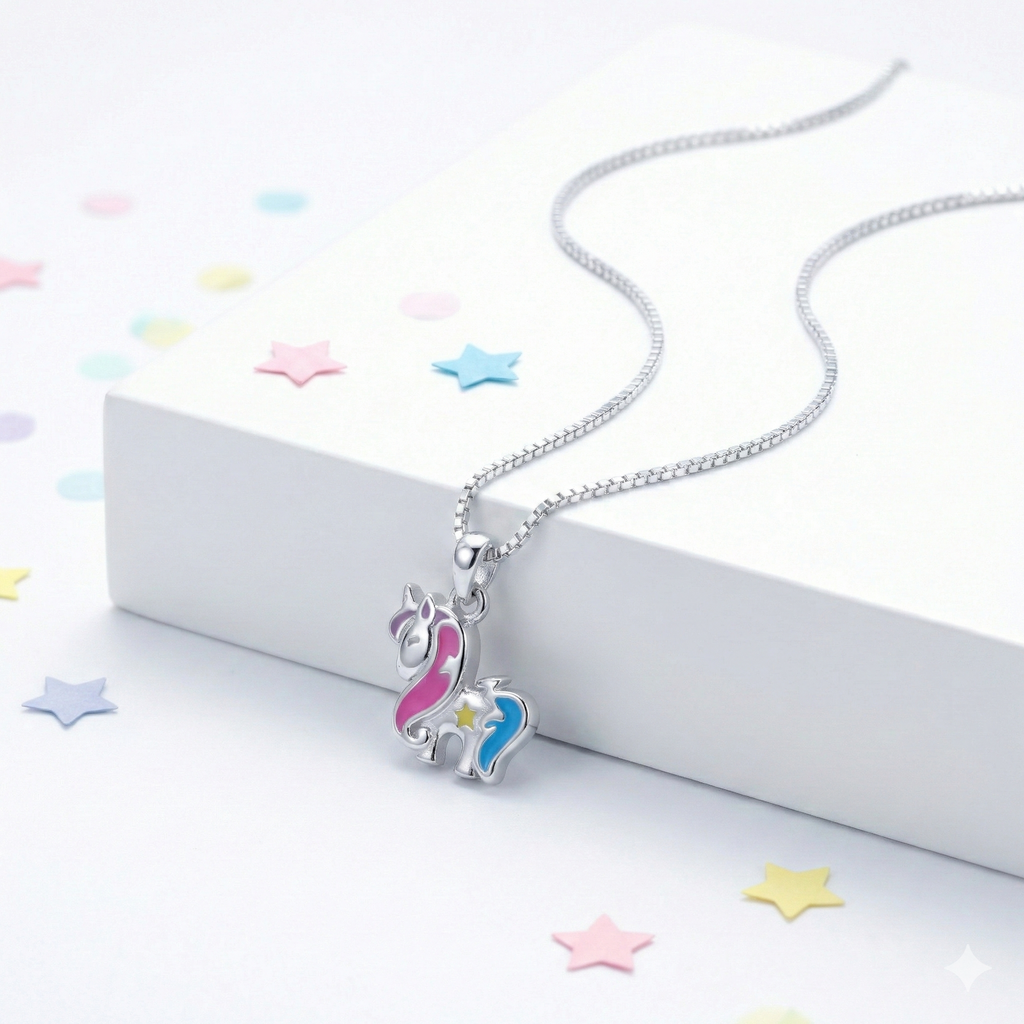 Silver Pink Blue Unicorn Kids Necklace