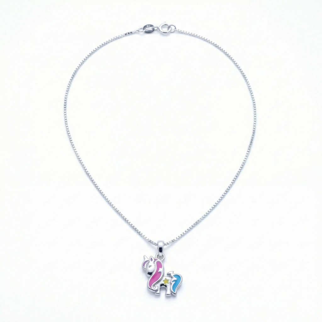 Silver Pink Blue Unicorn Kids Necklace