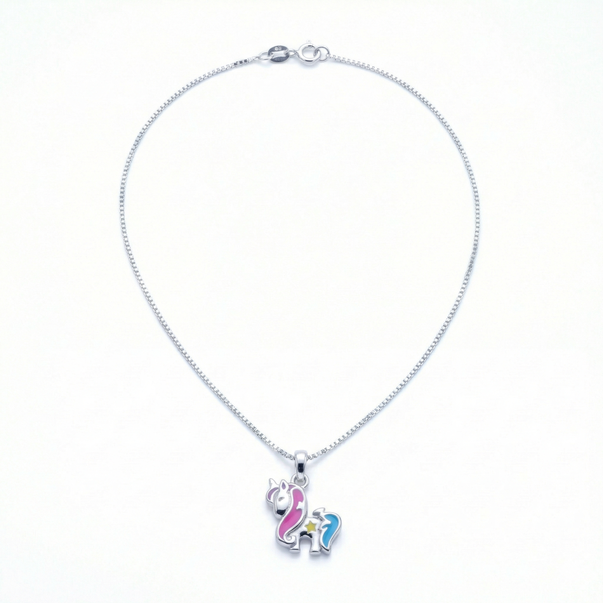 Silver Pink Blue Unicorn Kids Necklace