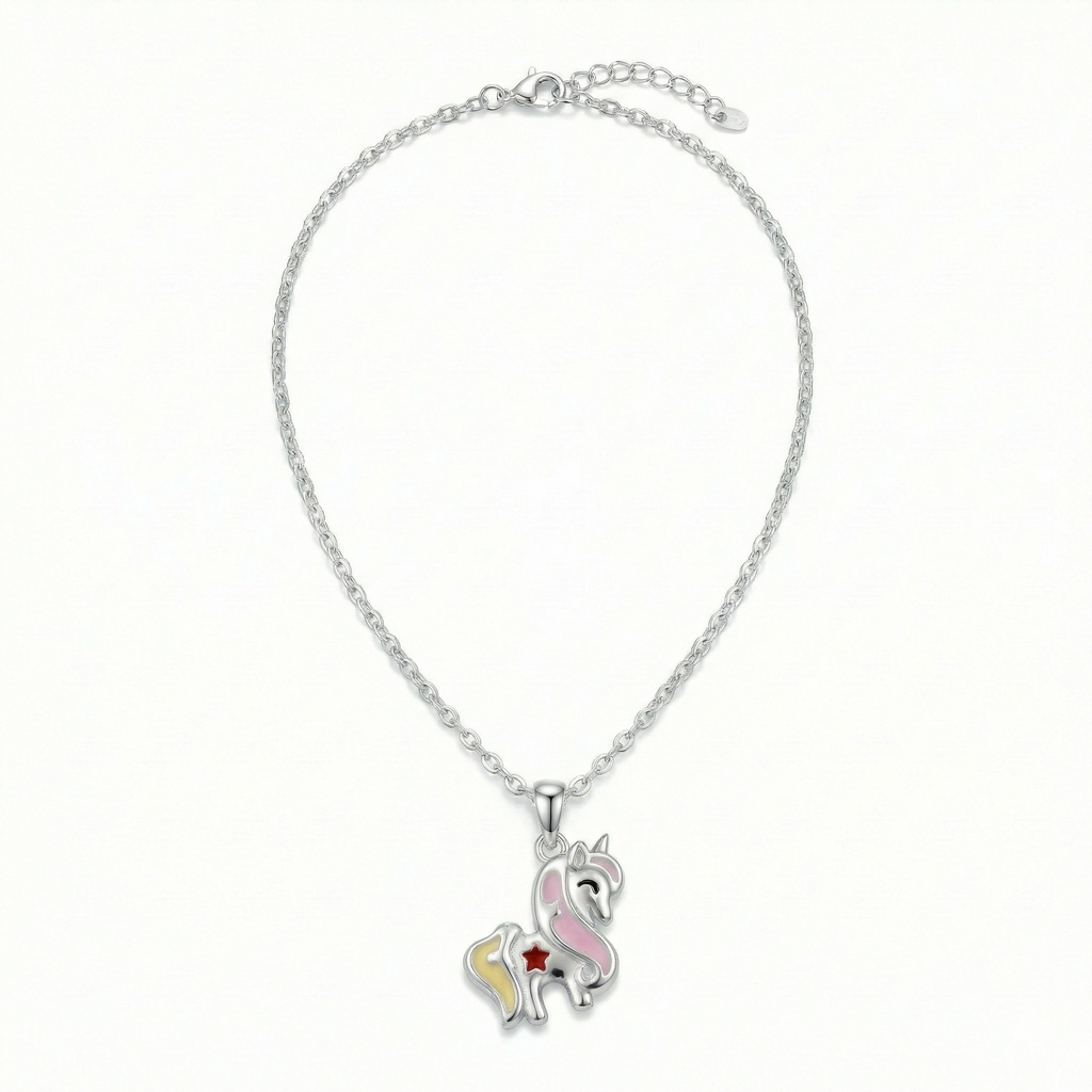 Silver Pink Yellow Unicorn Kids Necklace