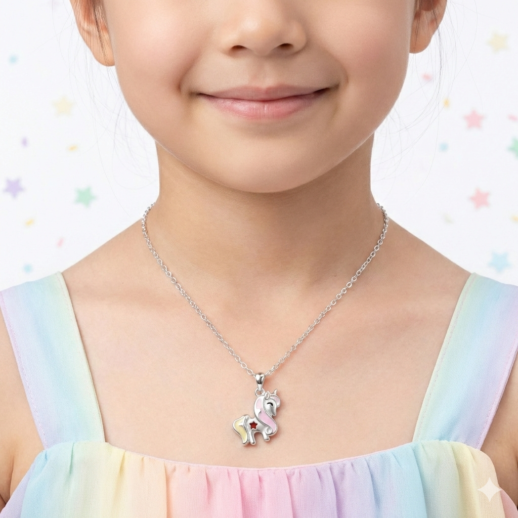 Silver Pink Yellow Unicorn Kids Necklace