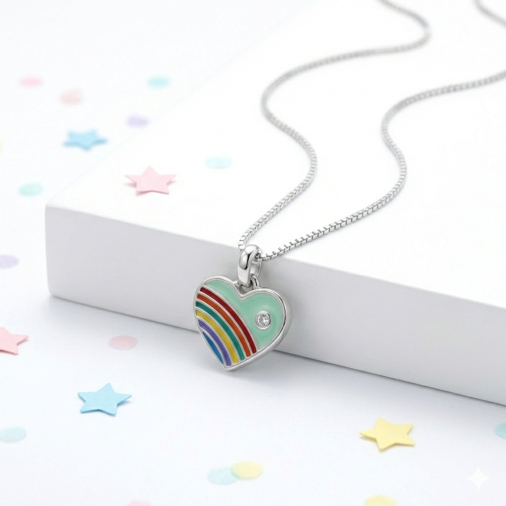 Silver Green Enamle Heart Kids Necklace