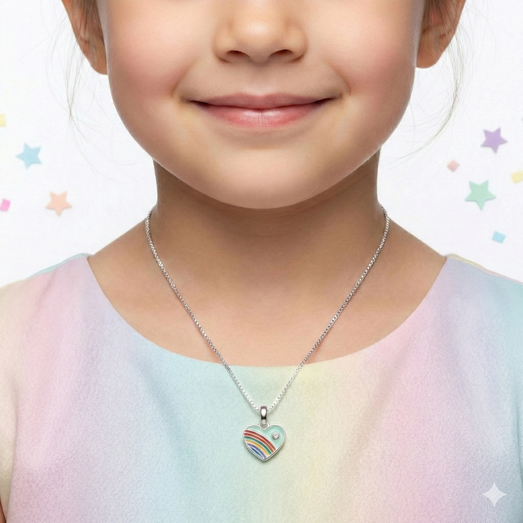 Silver Green Enamle Heart Kids Necklace