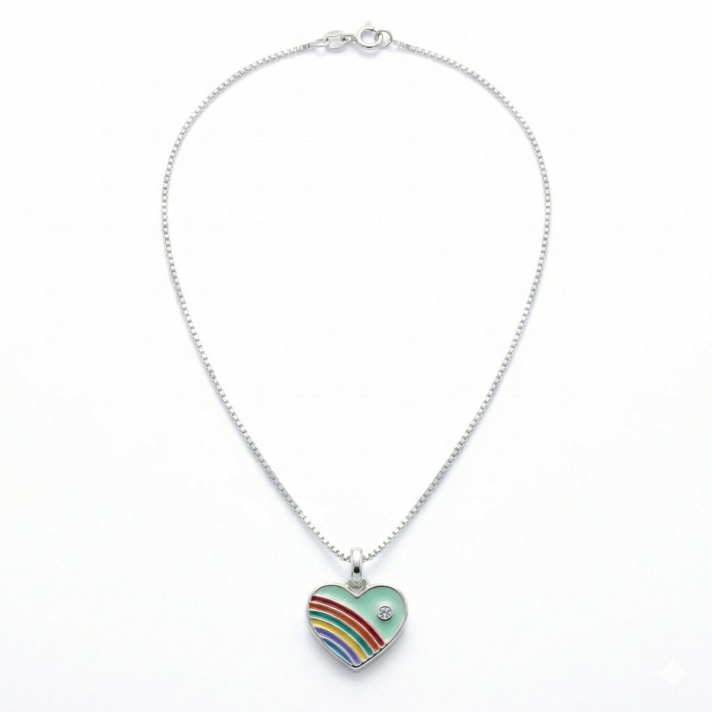 Silver Green Enamle Heart Kids Necklace