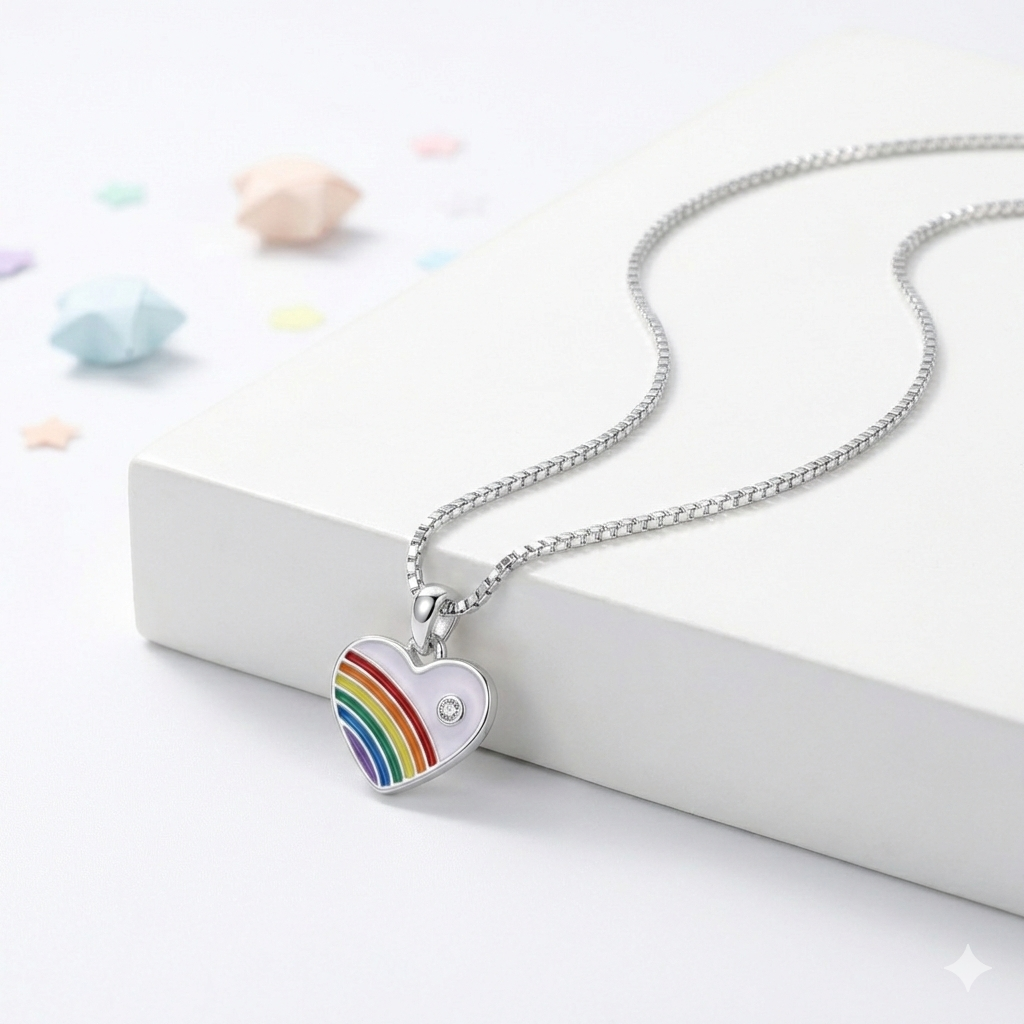 Silver Purple Enamle Heart Kids Necklace