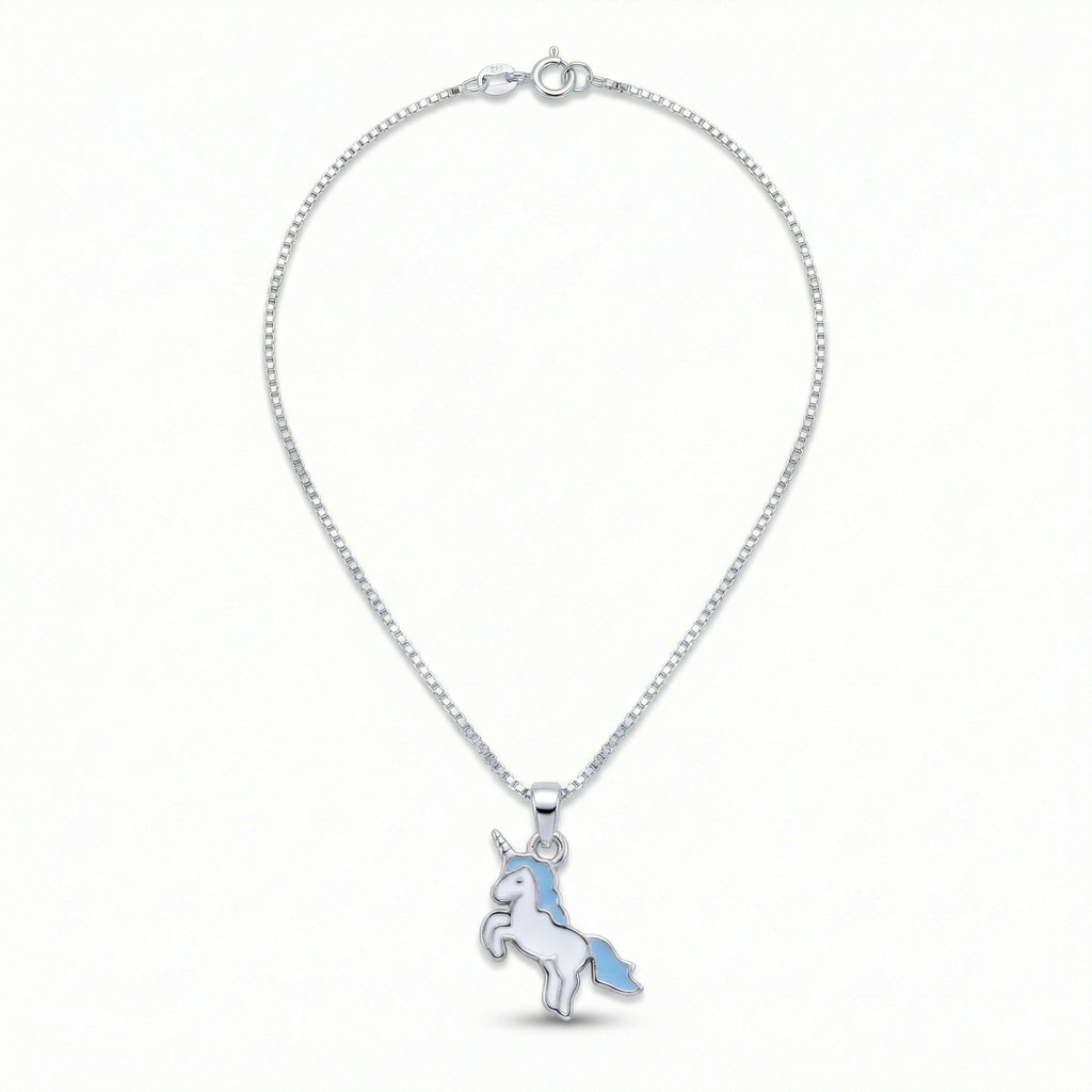 Silver Blue Unicorn Kids Necklace