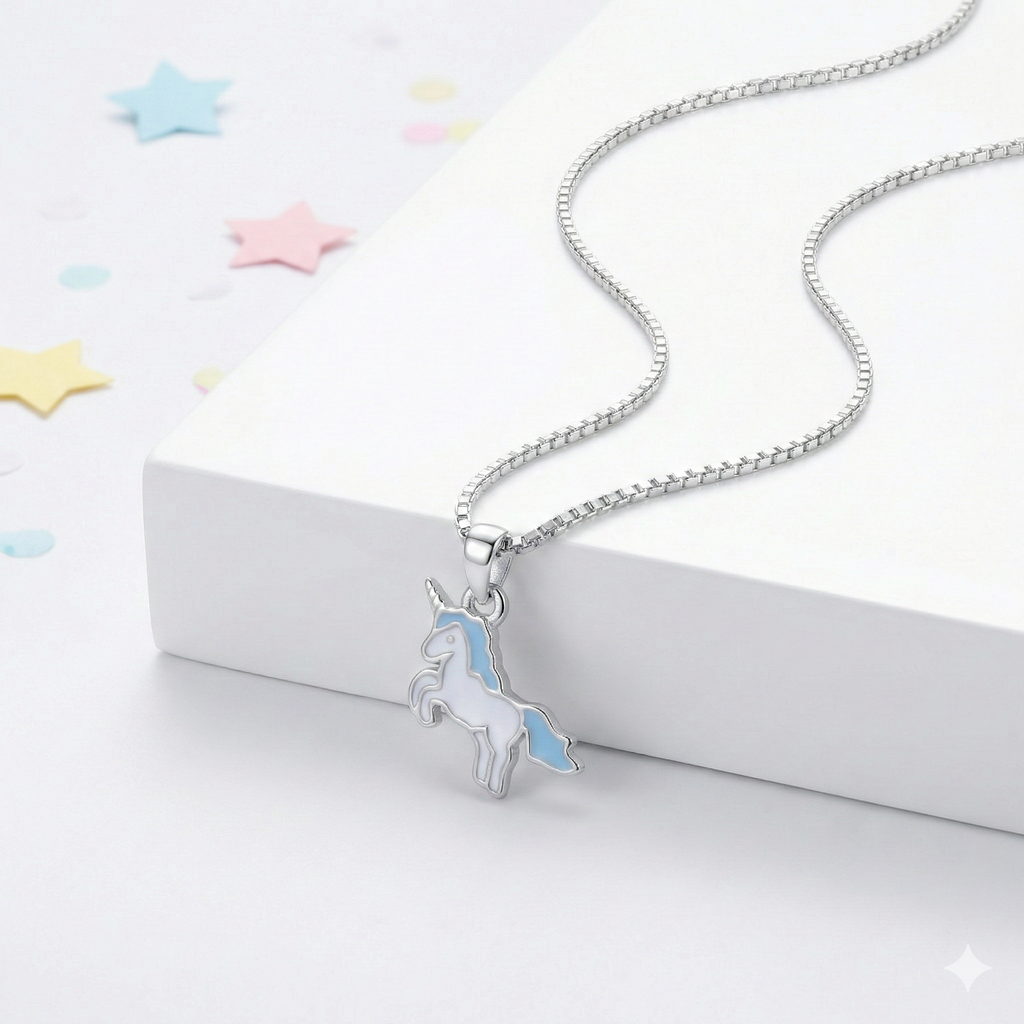 Silver Blue Unicorn Kids Necklace