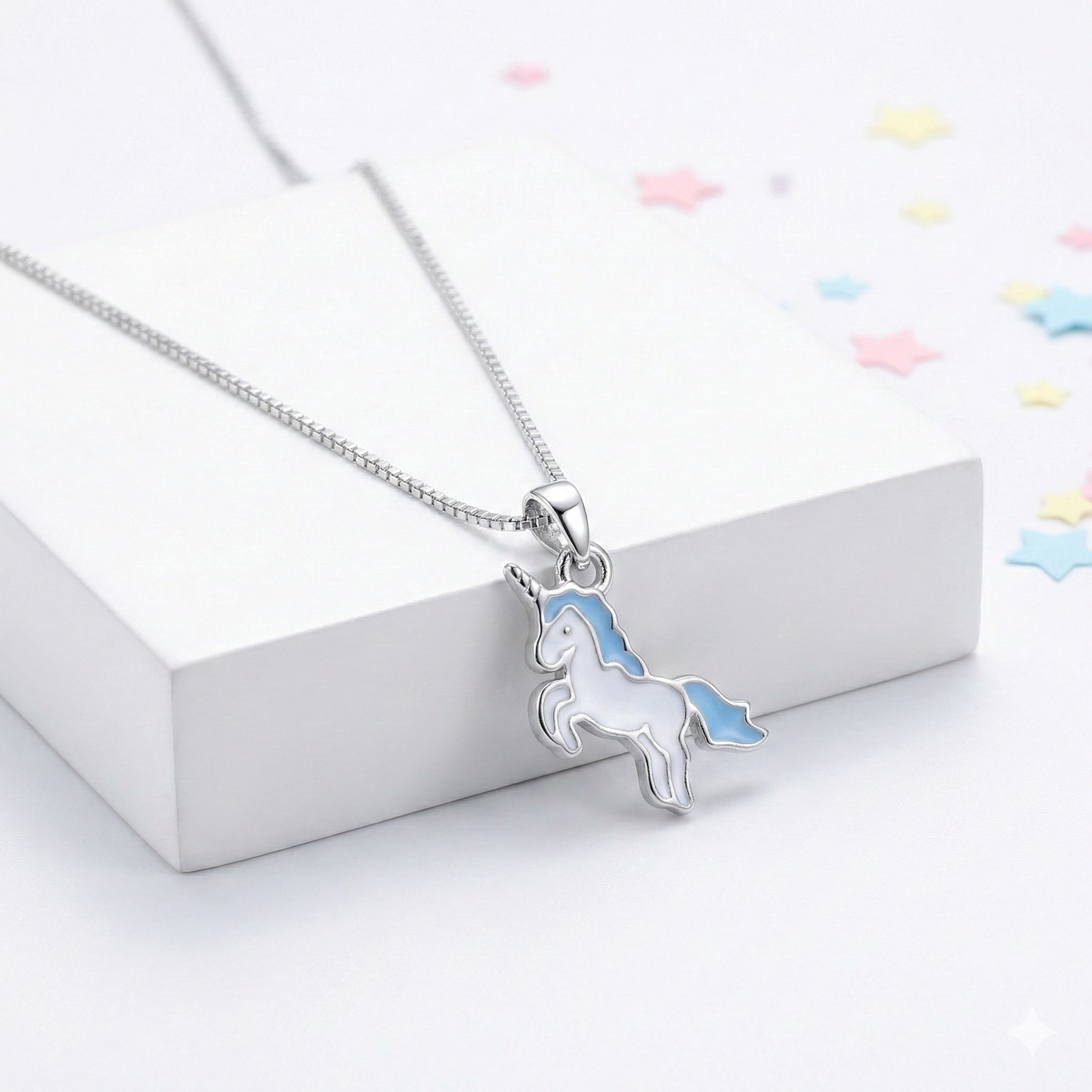 Silver Blue Unicorn Kids Necklace